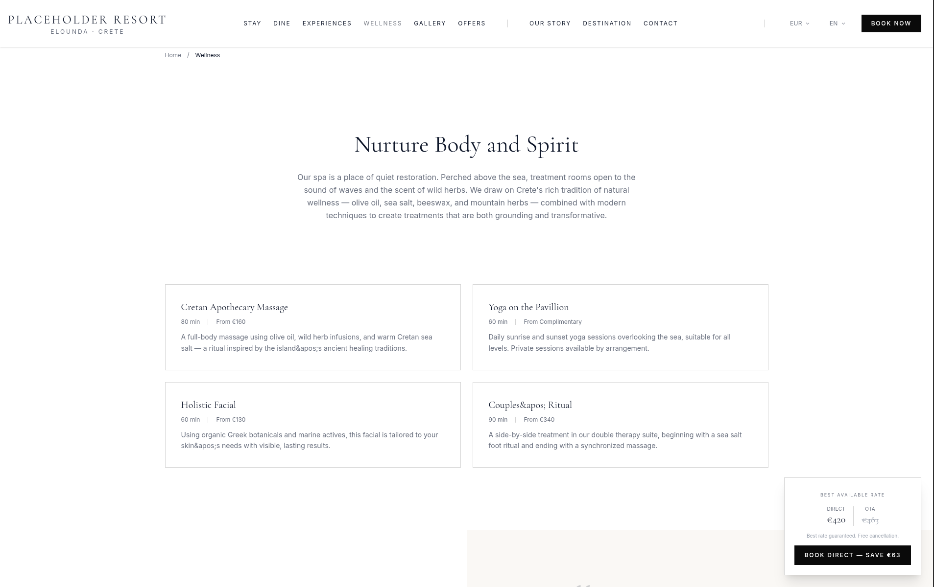 Rooms & Suites — room cards with live rate plans