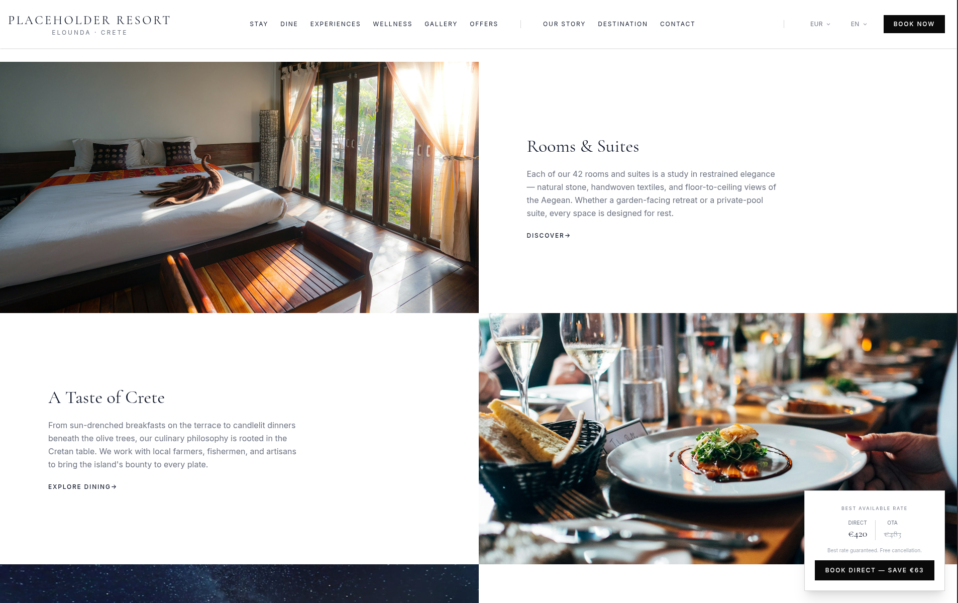 Booking flow — room selection, rate comparison, cart