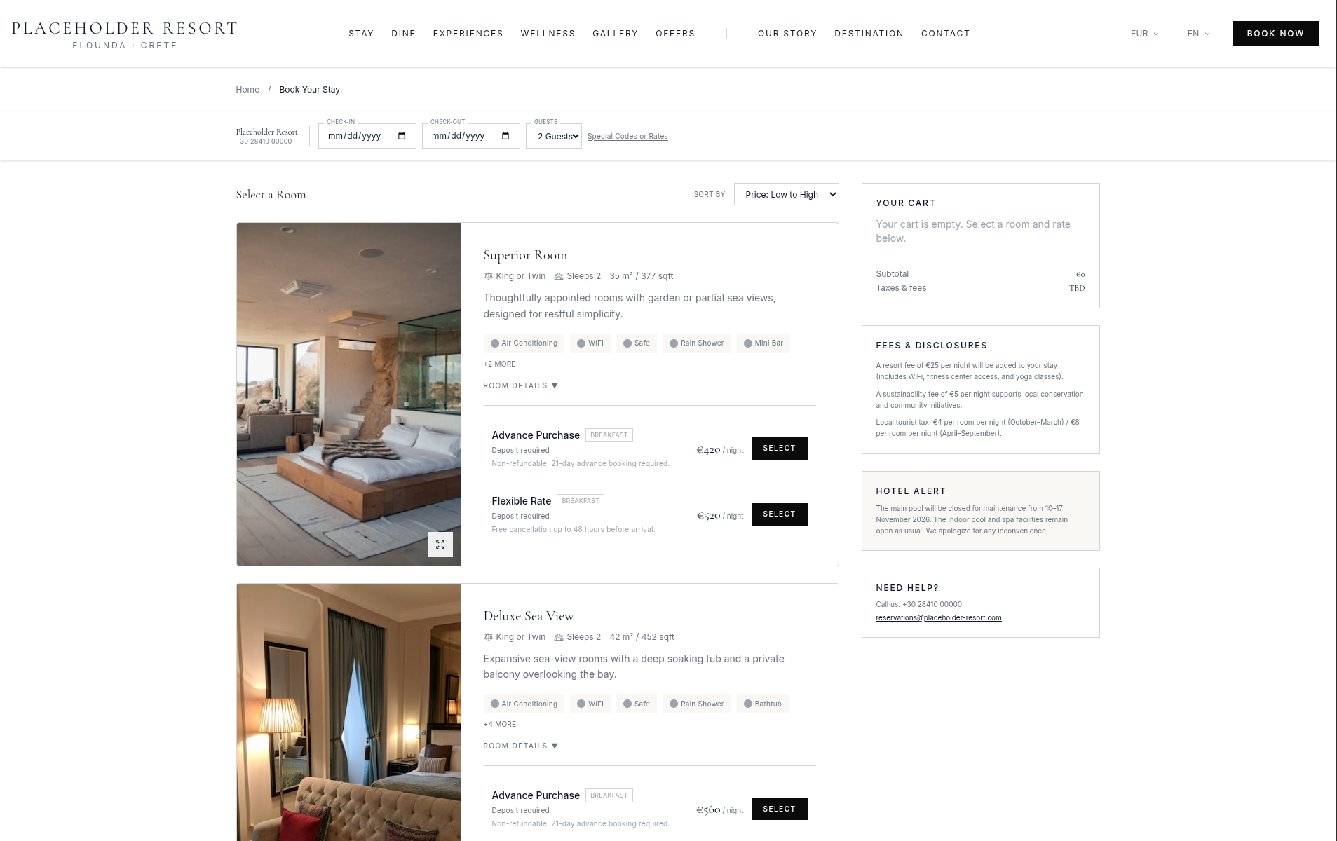 Cart summary and booking details